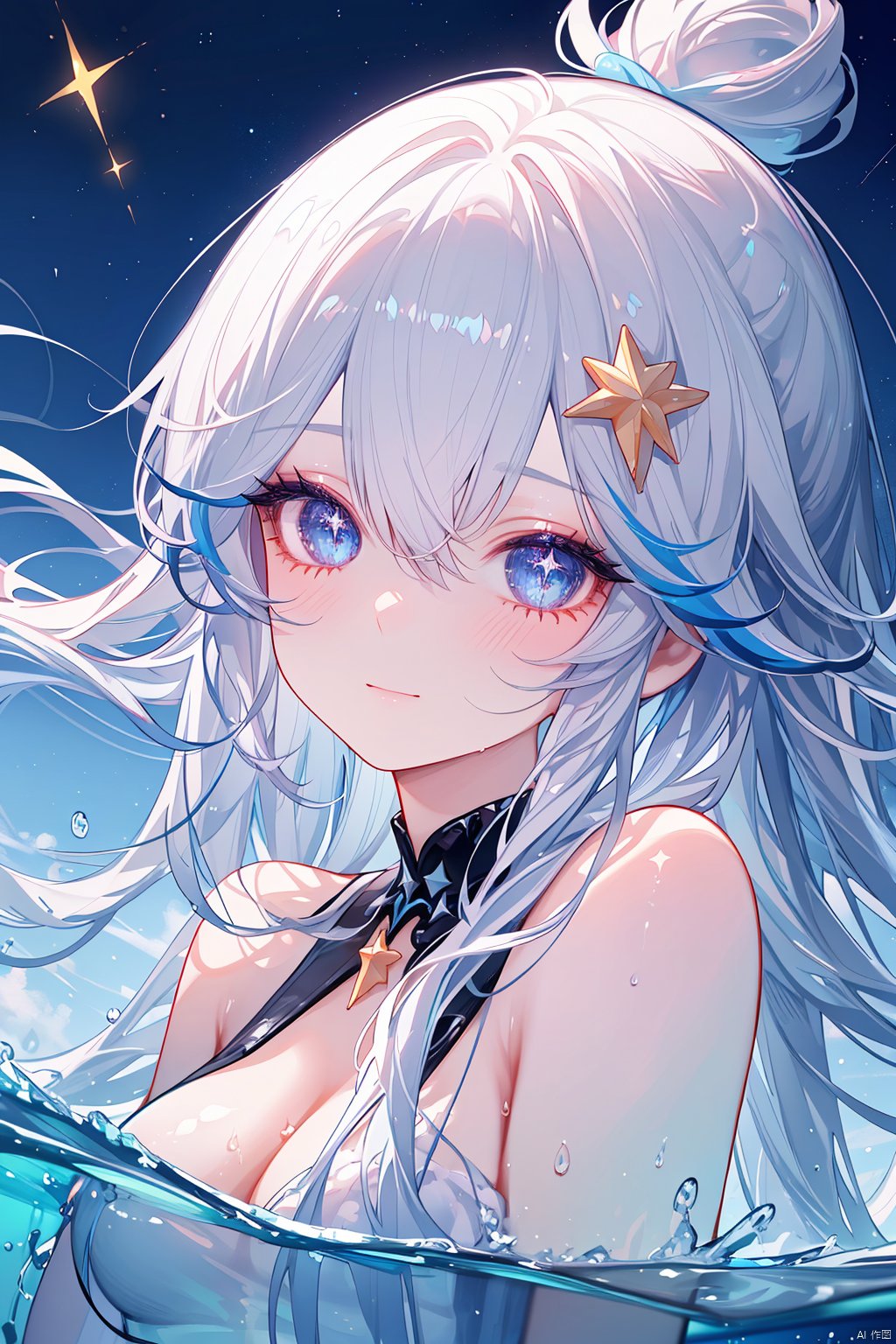 masterpiece, best quality, illustration, stars in the eyes,dishevelled hair,Starry sky adorns hair,1 girl,sparkling anime eyes,beautiful detailed eyes, beautiful detailed stars,blighting stars,emerging dark purple across with white hair,multicolored hair,beautiful detailed eyes,beautiful detailed sky, beautiful detailed water, cinematic lighting, dramatic angle,