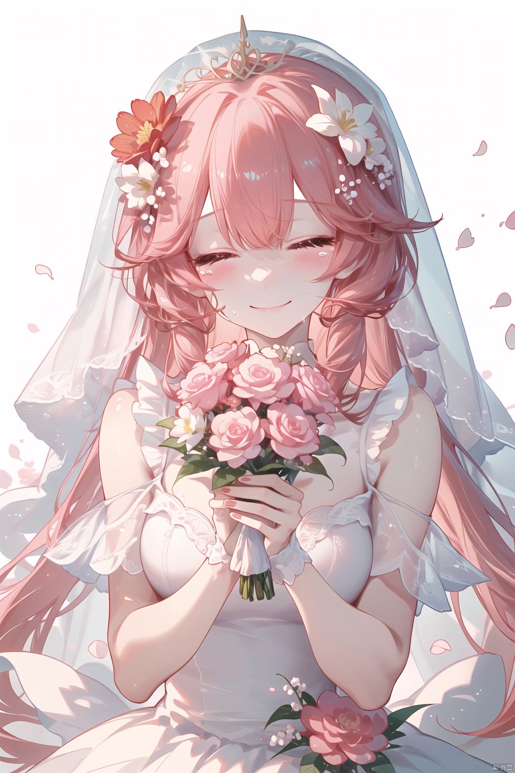 1girl, long hair, solo, veil, flower, closed eyes, dress, smile, wedding dress, hair ornament, petals, dated, ribbon, tears, bouquet, bridal veil, signature, hair flower, red hair, crying, white background, pink hair, upper body, cute girl,Chinese weddingdress,