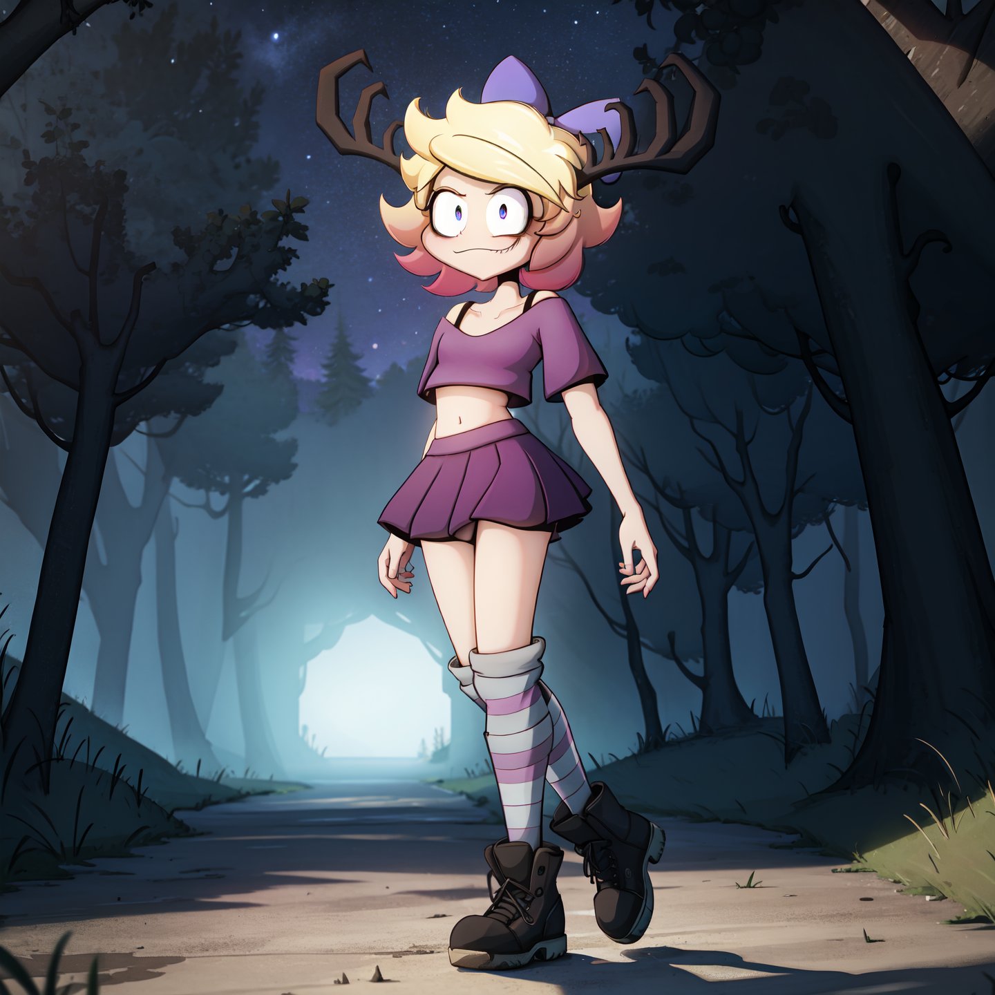masterpiece, epic brutal, best quality, highly quality, (extremely detailed fine touch:1.2), 
BREAK, 
wendi, 1girl, solo, alone, antlers on head, purple hair bow, blonde hair, gradient hair, short hair, purple hair, purple eyes, cute_fang, :), smile, closed mouth, pink crop top, midriff, pink pleated skirt, grey striped socks, black boots, standing, looking at viewer, standing, arms at side, 
BREAK, 
outdoor, dark forest, woods, dark place, night, night sky, dark lighting, complex_background, detailed background, (cinematic lighting, dramatic lighting, epic lighting, ray tracing:1.2), full body,SpoopyStories