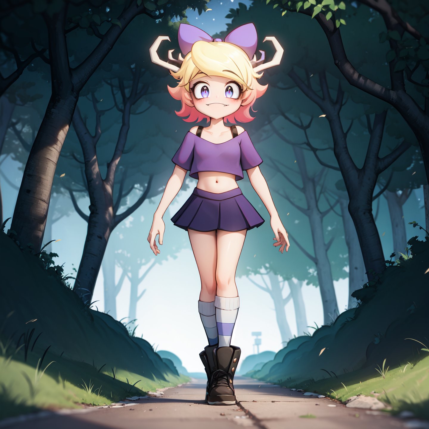 masterpiece, epic brutal, best quality, highly quality, (extremely detailed fine touch:1.2), 
BREAK, 
wendi, 1girl, solo, alone, antlers on head, purple hair bow, blonde hair, gradient hair, short hair, purple hair, purple eyes, cute_fang, :), smile, closed mouth, pink crop top, midriff, pink pleated skirt, grey striped socks, black boots, standing, looking at viewer, standing, arms at side, 
BREAK, 
outdoor, dark forest, woods, dark place, night, night sky, dark lighting, complex_background, detailed background, (cinematic lighting, dramatic lighting, epic lighting, ray tracing:1.2), full body