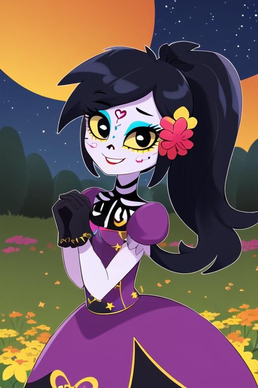 masterpiece, best quality, <lora:catalina_la_catrina:0.7> 1girl, solo, yellow sclera, dress, makeup, black hair, eyeshadow, smile, night, gloves, flower, colored sclera, own hands together, hair ornament, ponytail, hair flower, colored skin, night sky, sky, heart, star \(sky\), long hair, own hands clasped