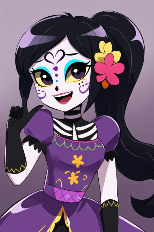 masterpiece, best quality, <lora:catalina_la_catrina:0.7> 1girl, solo, black hair, purple background, dress, gloves, flower, smile, hair flower, hair ornament, ponytail, purple dress, open mouth, colored skin, long hair, makeup, yellow sclera, elbow gloves, black gloves, gradient background, looking at viewer, gradient, black eyes, facepaint, upper body, heart, eyeshadow