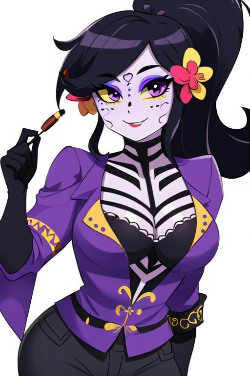 masterpiece, best quality, <lora:catalina_la_catrina:0.7> 1girl, solo, gloves, dress, hair flower, long hair, flower, hair ornament, smile, colored skin, yellow sclera, purple eyes, ponytail, breasts, colored sclera, looking at viewer, black hair, purple suit, black pants, purple jacket, collared shirt, collarbone, makeup, medium breasts, white background, eyeshadow