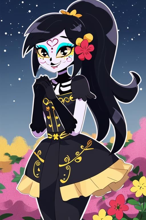 masterpiece, best quality, <lora:catalina_la_catrina:0.7> 1girl, solo, yellow sclera, dress, makeup, black hair, eyeshadow, smile, night, gloves, flower, colored sclera, own hands together, hair ornament, ponytail, hair flower, colored skin, night sky, sky, heart, star \(sky\), long hair, own hands clasped