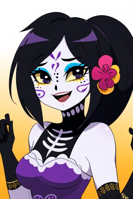 masterpiece, best quality, <lora:catalina_la_catrina:0.7> 1girl, solo, black hair, purple background, dress, gloves, flower, smile, hair flower, hair ornament, ponytail, purple dress, open mouth, colored skin, long hair, makeup, yellow sclera, elbow gloves, black gloves, gradient background, looking at viewer, gradient, black eyes, facepaint, upper body, heart, eyeshadow