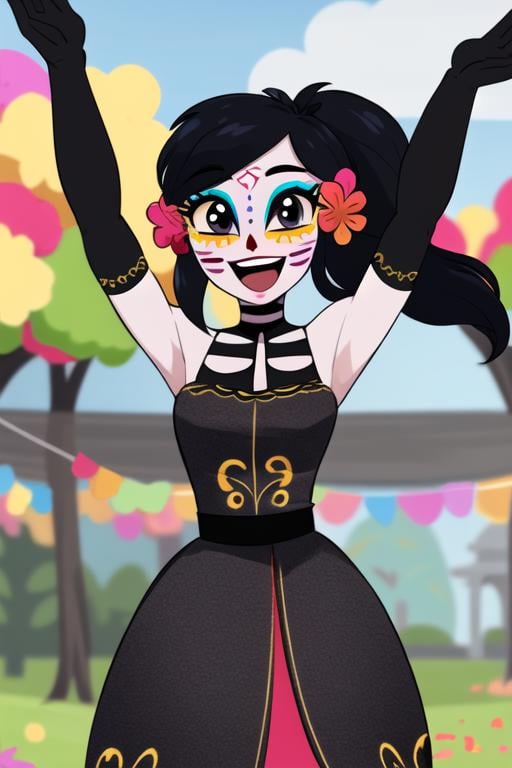 masterpiece, best quality, <lora:catalina_la_catrina:0.7> 1girl, solo, dress, black hair, gloves, elbow gloves, smile, long hair, flower, dancing, looking at viewer, ponytail, colored skin, arms up, makeup, black gloves, clown, facepaint, open mouth, hair ornament, hair flower, outdoors, eyelashes