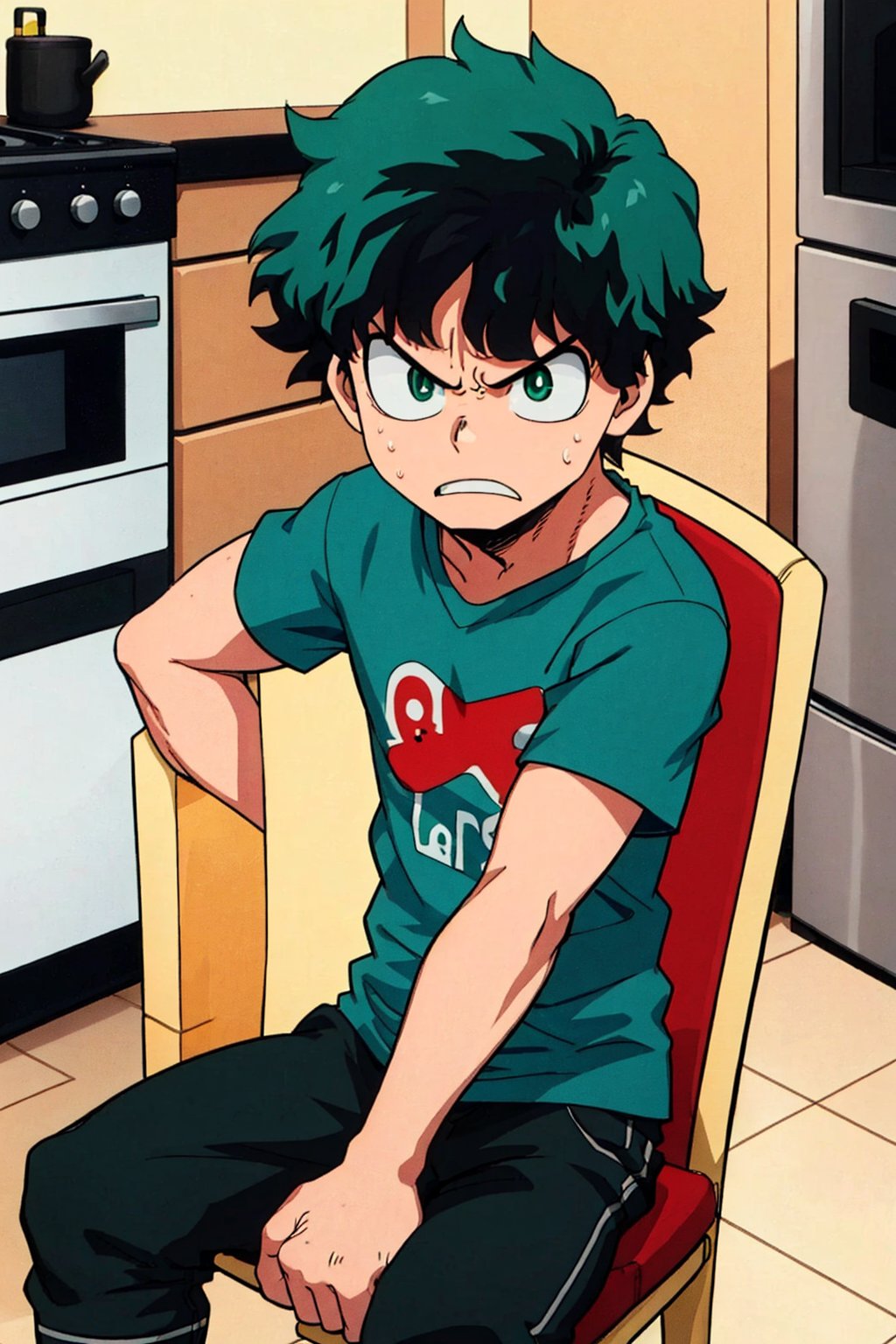 1boy, green eyes, green hair, angry, green t-shirt, sitting on a chair, kitchen 