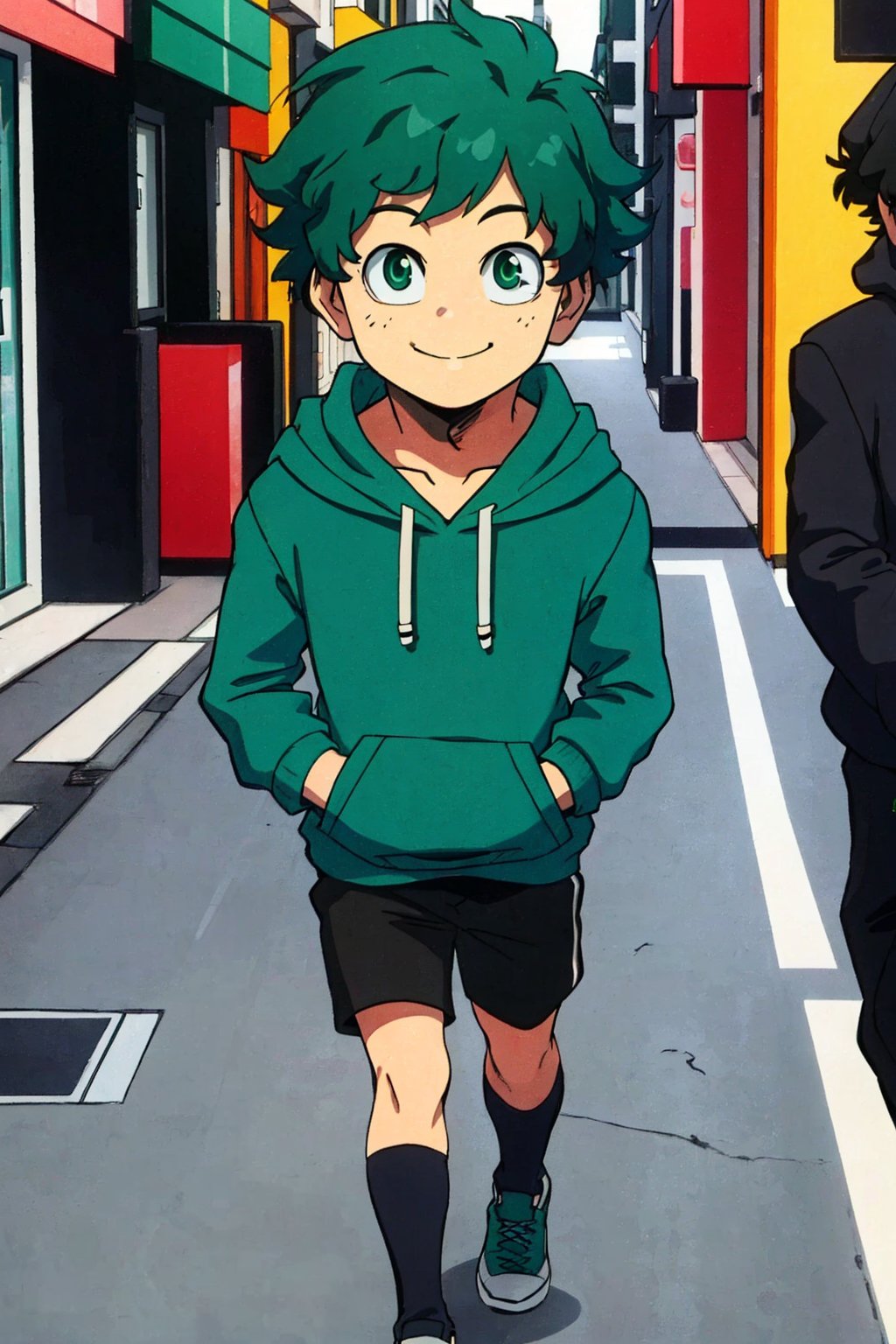 1boy, green eyes, green hair, smile, green hoodie, walking, street