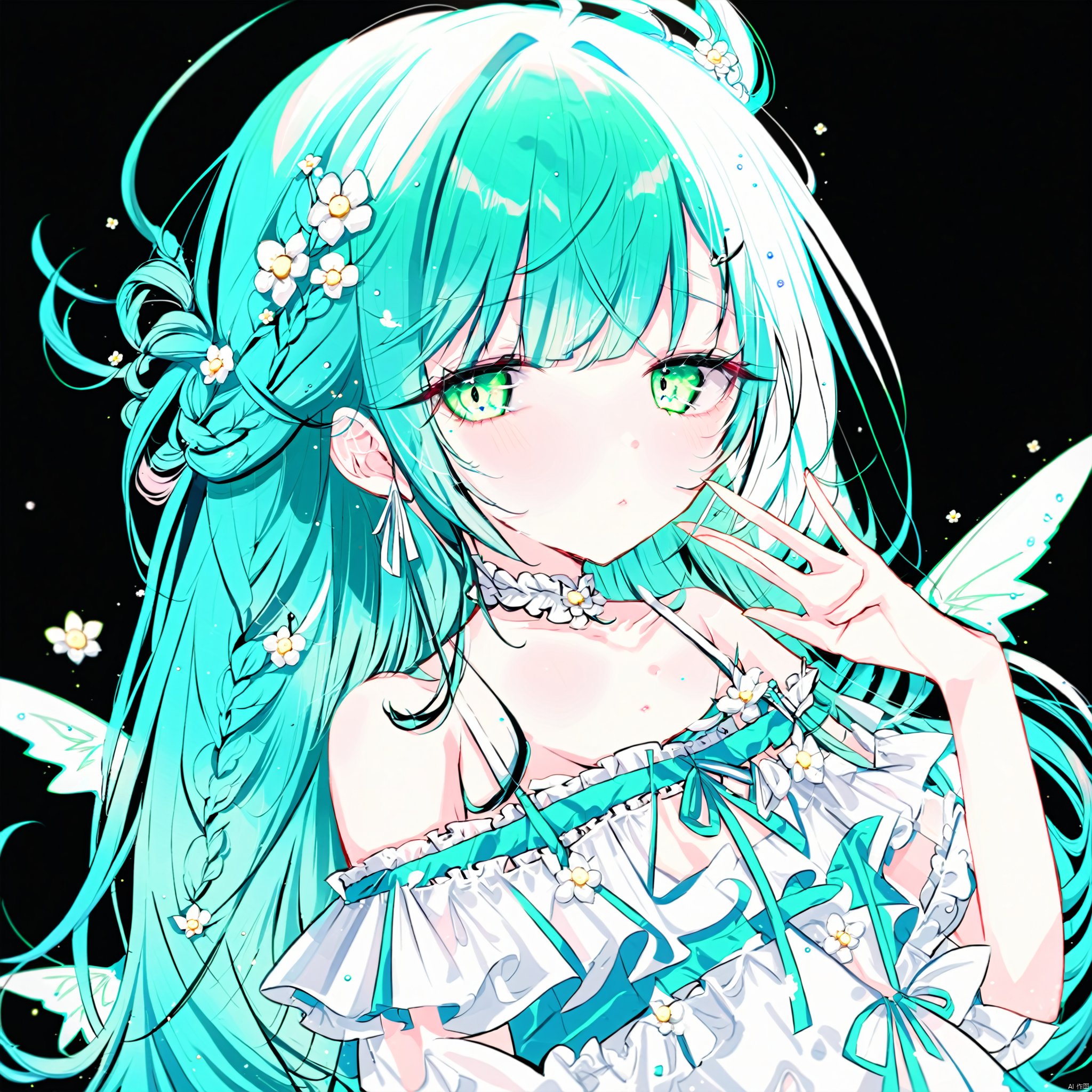  artist(roha), roha, , 1girl, solo, hair ornament, flower, braid, hair flower, dress, long hair, wings, looking at viewer, hair over shoulder, bare shoulders, white dress, bangs, blush, off shoulder, hand up, bug, white flower, upper body, parted lips, off-shoulder dress, aqua eyes, black background, green eyes, collarbone, green wings