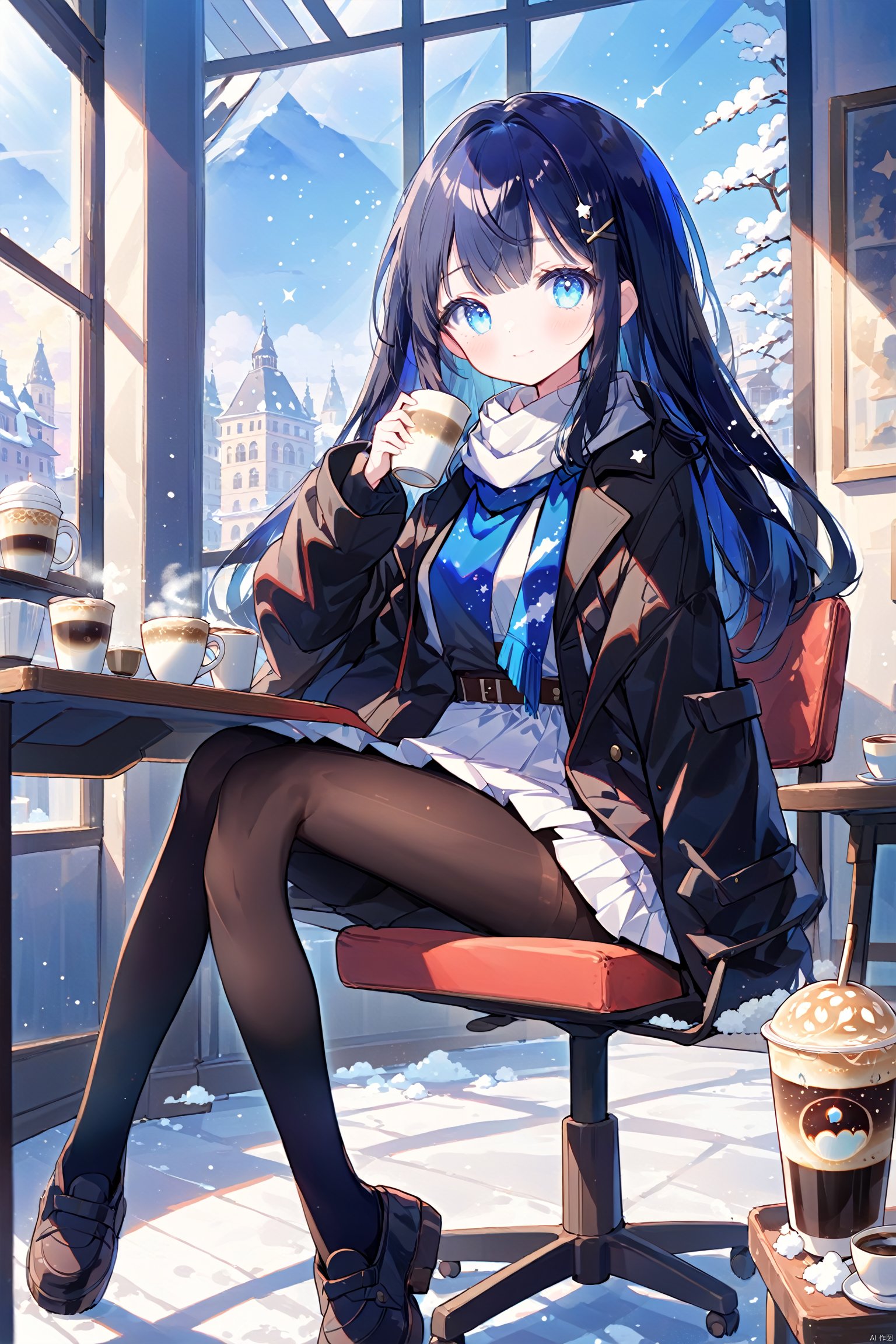  (1girl:0.6),thin,very long hair,(((dark blue hair))), (((dark blue hair))),(((dark blue hair))),(((blue eyes))),(stars in the eyes),floating hair,Starry sky adorns hair,small breasts,(black galaxy colorful coat),white lining,white skirt,socks,star hairpin,blue scarf,closed mouth,(happy),((a cup of Exothermic gas coffee)),((drinking coffee)),sitting in chair,table in front of her,classical cafe,winter,cityscape,floating snow in window,masterpiece,best quality,official art,extremely detailed CG unity 8k wallpaper,cozy anime, backlight,(wide shot:0.95),Dynamic angle, fanxing,(full body), cozy anime,pantyhose