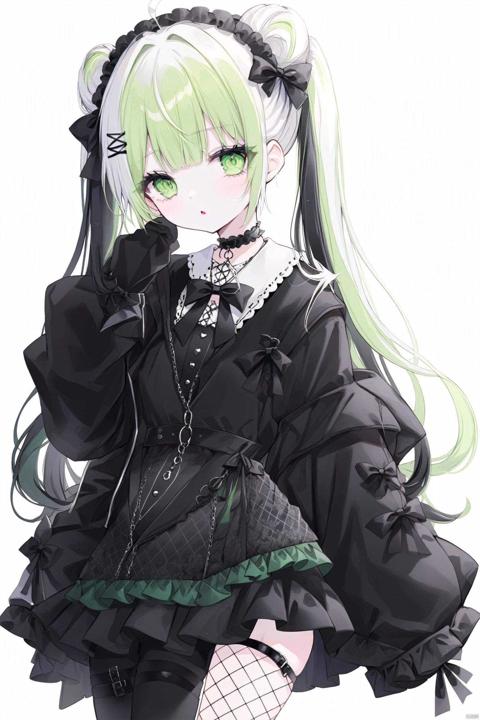  masterpiece, best quality, 1girl, solo, long hair, twin tails, hair buns, multicolored hair, two-tone hair, white hair, green hair, black hair, bangs, makeup, black lips, lipstick, mascara, eyeshadow, cross necklace, hair bow, front bow, lace jacket, lace gloves, fishnets, black leggings, gothic attire, dynamic angle, side lighting, shiny skin, detailed eyes, detailed face