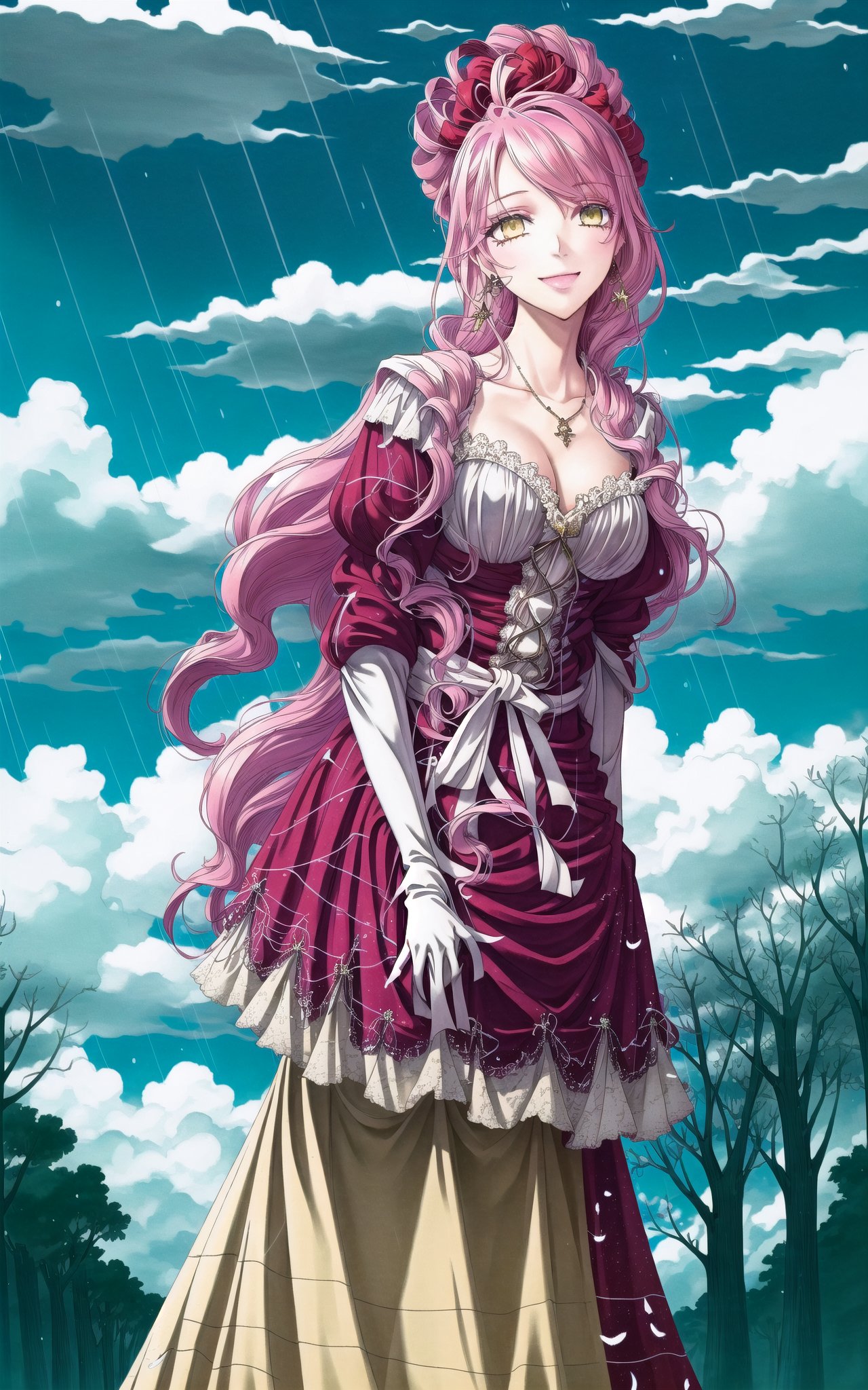 (masterpiece,  best quality:1.3),  8k resolution,  ,  digital illustration,  thick lineart,  bold lineart,  2d,  original character concept,  warmth,  starry sky,  mid shot,  full body,  victorian,  1girl,  gown,  puffy long sleeves,  lace trim,  feathers,  feather boa,  manga,  aged up,  (dynamic posture),  expressive pose,  jewelry,  stylish,  fashion,  pink hair,  dutch agle,  ringlets,  hair flower,  bush,  tree,  elegant,  lace,  elbow gloves,  head up,  looking ahead,  shooting stars,  glowing,  nature,  scenery,  raining,  motion blur,  dress lift,  (bonnet:1.4), veil,  neck ribbon,  transparent,  see-through,  beautiful,  long hair,  swept bangs,  sky,  wind lift,  flower,  smile, fantasy,  simple background,  ribbon,  waist bow,  thick waist,  thick arms,  hair between eyes,  perfect female figure,  extremely detailed,  green eyes,  royal,  yellow eyes,  (intricate details),  perfect face,  finely detailed face,  detailed eyes,  (colored eyelashes:1.2),  (solo),  (Worldwide trending artwork,  faux traditional media,  head tilt,  whimsical,  volumetric,  perfect composition,  floating particles,  outdoors,  volumetric lighting,  soft lighting,  bloom, Worldwide trending artwork, traditional media, insertNameHere, sugar_rune,<lora:EMS-179-EMS:0.300000>,<lora:EMS-260961-EMS:0.700000>