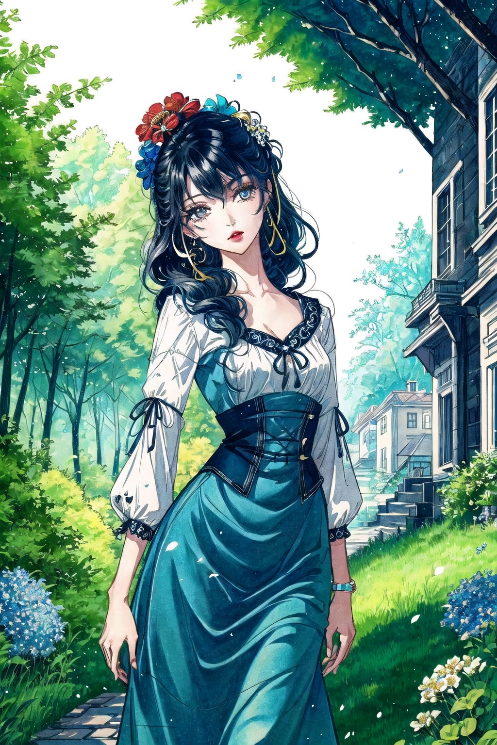 (masterpiece,  best quality:1.3),  8k resolution,  ,  digital illustration,  cover page,  thick lineart,  bold lineart,  2d,  original character concept,  cool,  cowboy shot,  1girl,  manga,  mature female,  aged up,  (dynamic posture),  expressive pose,  jewelry,  lipstick,  stylish,  fashion,  dress,  black hair,  from side,  leaning forward,  garden,  blue theme,  ringlets,  bonnet,  hair flower,  long hair,  swept bangs,  sky,  wind lift,  flower,  looking at viewer,  parted lips,  fantasy,  simple background,  ribbon,  hair between eyes,  perfect female figure,  extremely detailed,  (intricate details),  perfect face,  finely detailed face,  detailed eyes,  (colored eyelashes:1.2),  (solo),  (Worldwide trending artwork,  faux traditional media,  head tilt,  whimsical,  volumetric,  perfect composition,  floating particles,  outdoors,  volumetric lighting,  soft lighting,  bloom, Worldwide trending artwork,<lora:EMS-179-EMS:0.300000>,<lora:EMS-260961-EMS:0.600000>