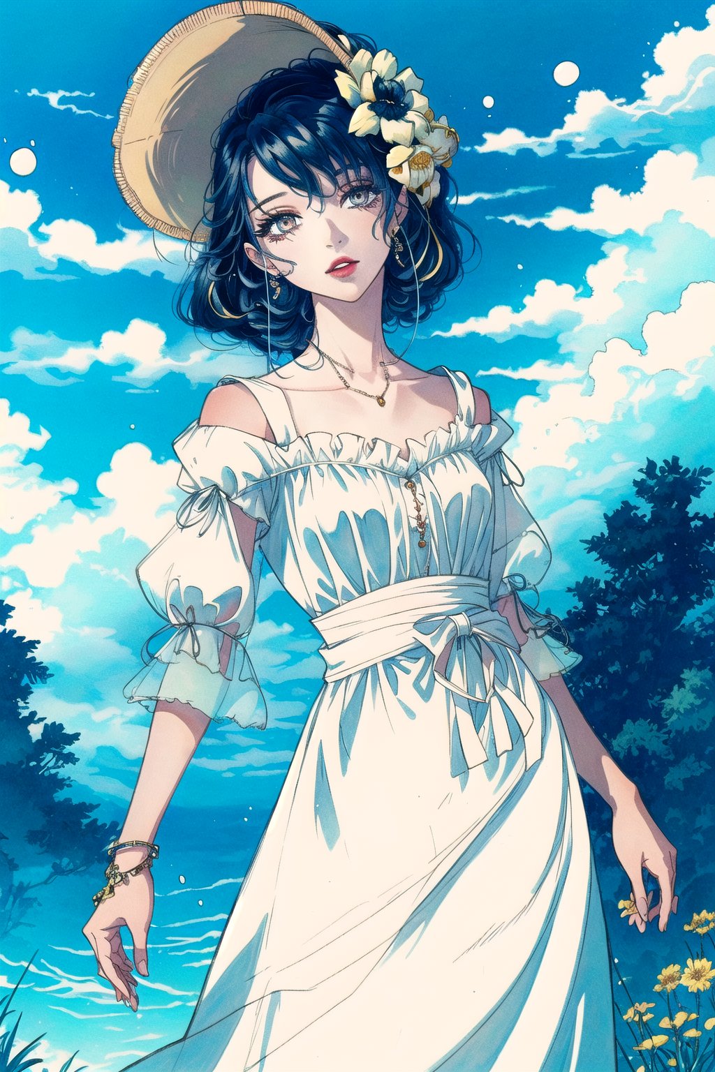 (masterpiece,  best quality:1.3),  8k resolution,  ,  digital illustration,  cover page,  thick lineart,  bold lineart,  2d,  original character concept,  cool,  cowboy shot,  1girl,  manga,  mature female,  aged up,  (dynamic posture),  expressive pose,  jewelry,  lipstick,  stylish,  fashion,  dress,  black hair,  from side,  leaning forward,  garden,  blue theme,  ringlets,  bonnet,  hair flower,  long hair,  swept bangs,  sky,  wind lift,  flower,  looking at viewer,  parted lips,  fantasy,  simple background,  ribbon,  hair between eyes,  perfect female figure,  extremely detailed,  (intricate details),  perfect face,  finely detailed face,  detailed eyes,  (colored eyelashes:1.2),  (solo),  (Worldwide trending artwork,  faux traditional media,  head tilt,  whimsical,  volumetric,  perfect composition,  floating particles,  outdoors,  volumetric lighting,  soft lighting,  bloom, Worldwide trending artwork,<lora:EMS-179-EMS:0.300000>,<lora:EMS-260961-EMS:0.600000>