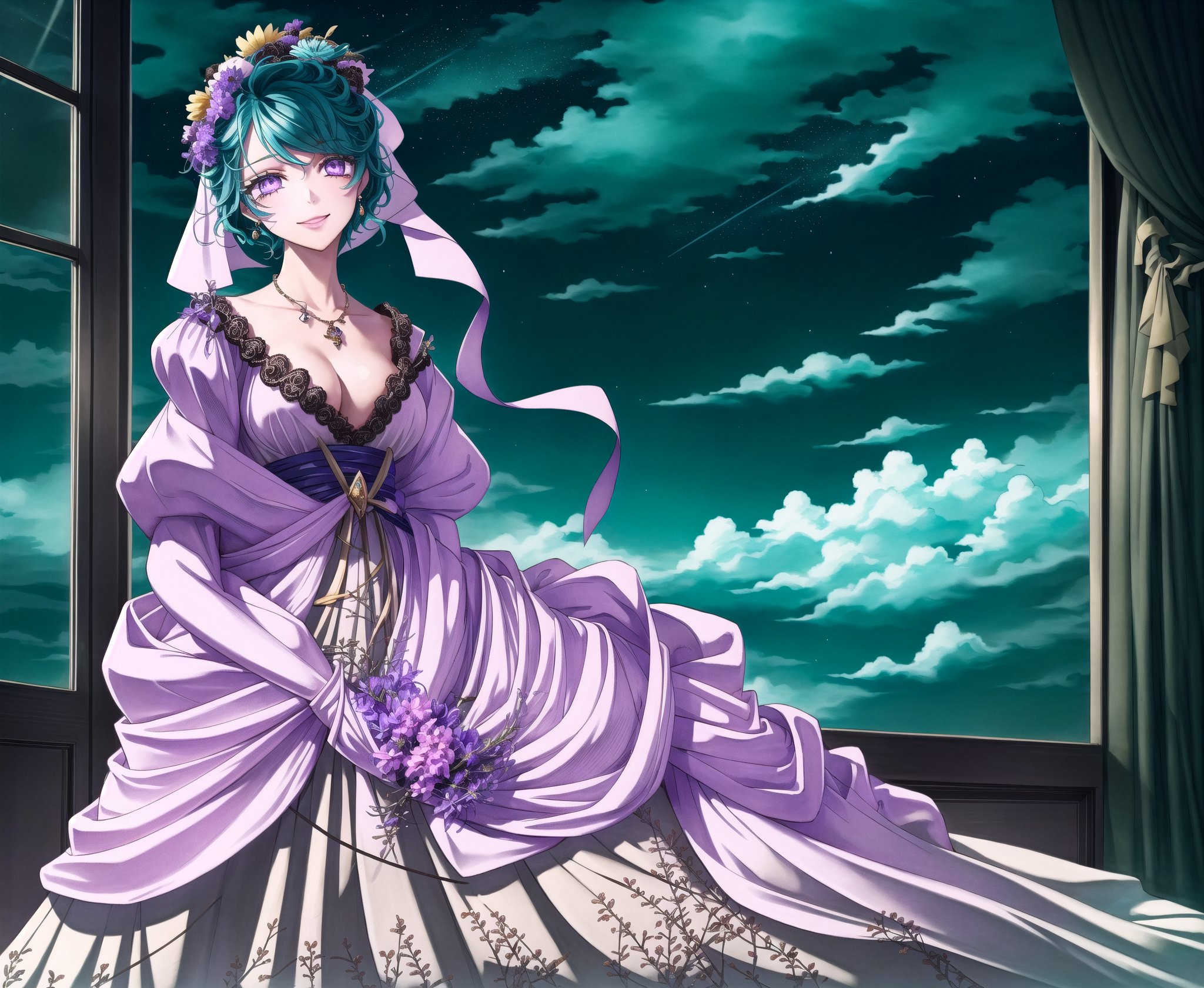 (masterpiece,  best quality:1.3),  8k resolution,  digital illustration,  2d,  original character concept,  warmth,  starry sky,  mid shot, upper body,  ful angle view,  victorian,  1girl,  gown,  puffy long sleeves,  lace trim,  feathers,  feather boa,  manga,  aged up,  (dynamic posture),  expressive pose,  jewelry,  stylish,  fashion,  pink hair,  dutch agle,  ringlets,  hair flower,  bush,  tree,  elegant,  lace,  elbow gloves,  head up,  (from side:1.3),  (looking out window:1.2),  countryside,  looking ahead,  shooting stars,  glowing,  nature,  scenery,  raining,  motion blur,  dress lift,  (bonnet:1.4), veil,  neck ribbon,  transparent,  see-through,  beautiful,  long hair,  swept bangs,  sky,  wind lift,  flower,  smile, fantasy,  simple background,  ribbon,  waist bow,  thick waist,  thick arms,  hair between eyes,  perfect female figure,  extremely detailed,  purple eyes,  (intricate details),  perfect face,  finely detailed face,  detailed eyes,  (colored eyelashes:1.2),  (solo:1.2),  (Worldwide trending artwork,  faux traditional media,  head tilt,  whimsical,  volumetric,  perfect composition,  floating particles,  (indoors:1.3),  dark room,  dark,  window,  sitting at window,  hand on own cheek,  dreaming,  daydreaming,  (soft lighting:1.3),  hair over shoulder,  volumetric,  cinematic,  (gradients),  (insanely detailed),  sidelighting,  (bloom:1.2),<lora:EMS-260961-EMS:0.600000>,<lora:EMS-79-EMS:0.300000>,<lora:EMS-179-EMS:0.300000>