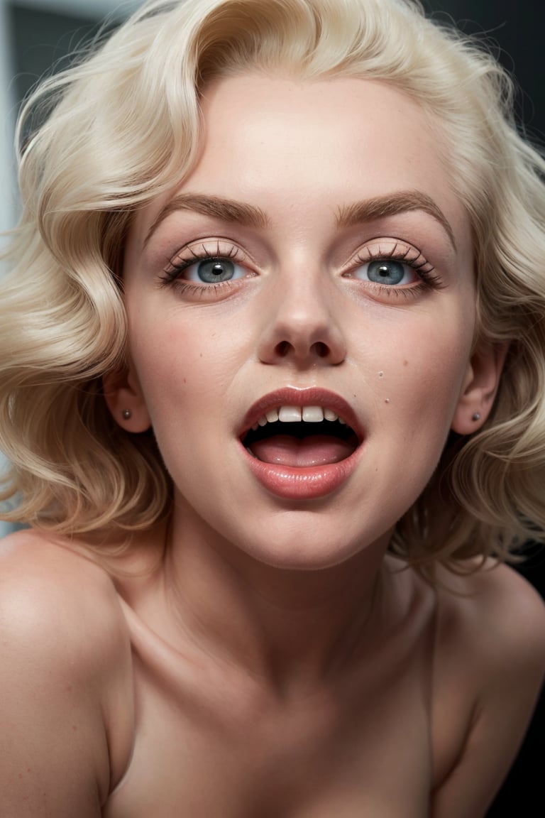 sfw, award winning film still conveying a sense of delightful surprise, unusual angle view, photo facial portrait of a ravishing young irish girl ressembling Marilyn Monroe, platinum blond wavy curly wild hair, (big round eyes), (o mouth), brows lift up, 