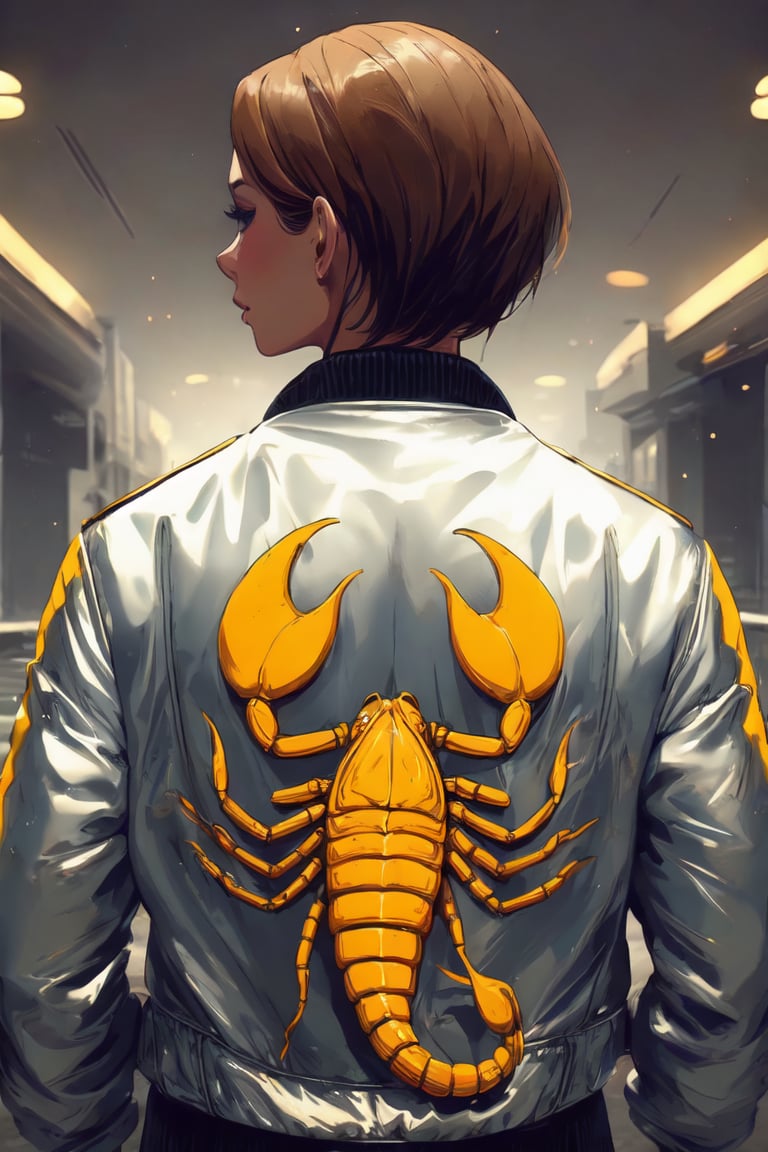 Silver jacket, yellow Scorpion in the back,ochaco_uraraka