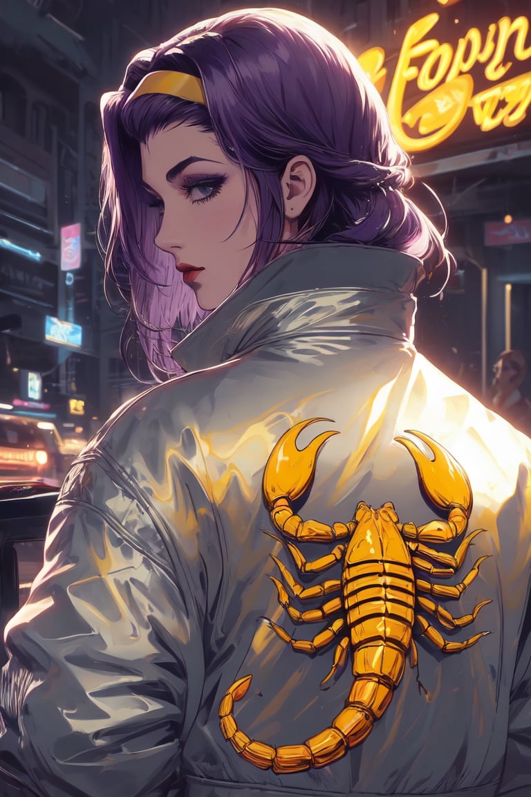 ,fayevalentine, purple hair, ,yellow hairband, ,Silver jacket, yellow Scorpion in the back 