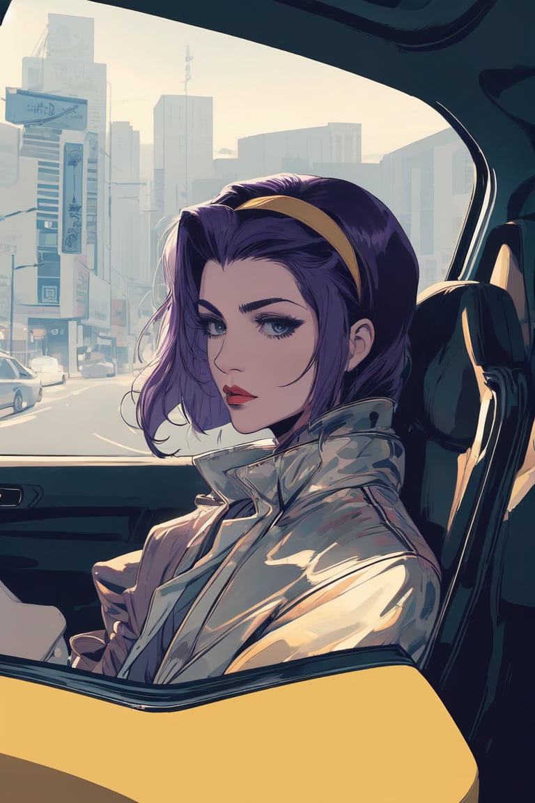 ,fayevalentine, purple hair, ,yellow hairband, ,Silver jacket, driving 