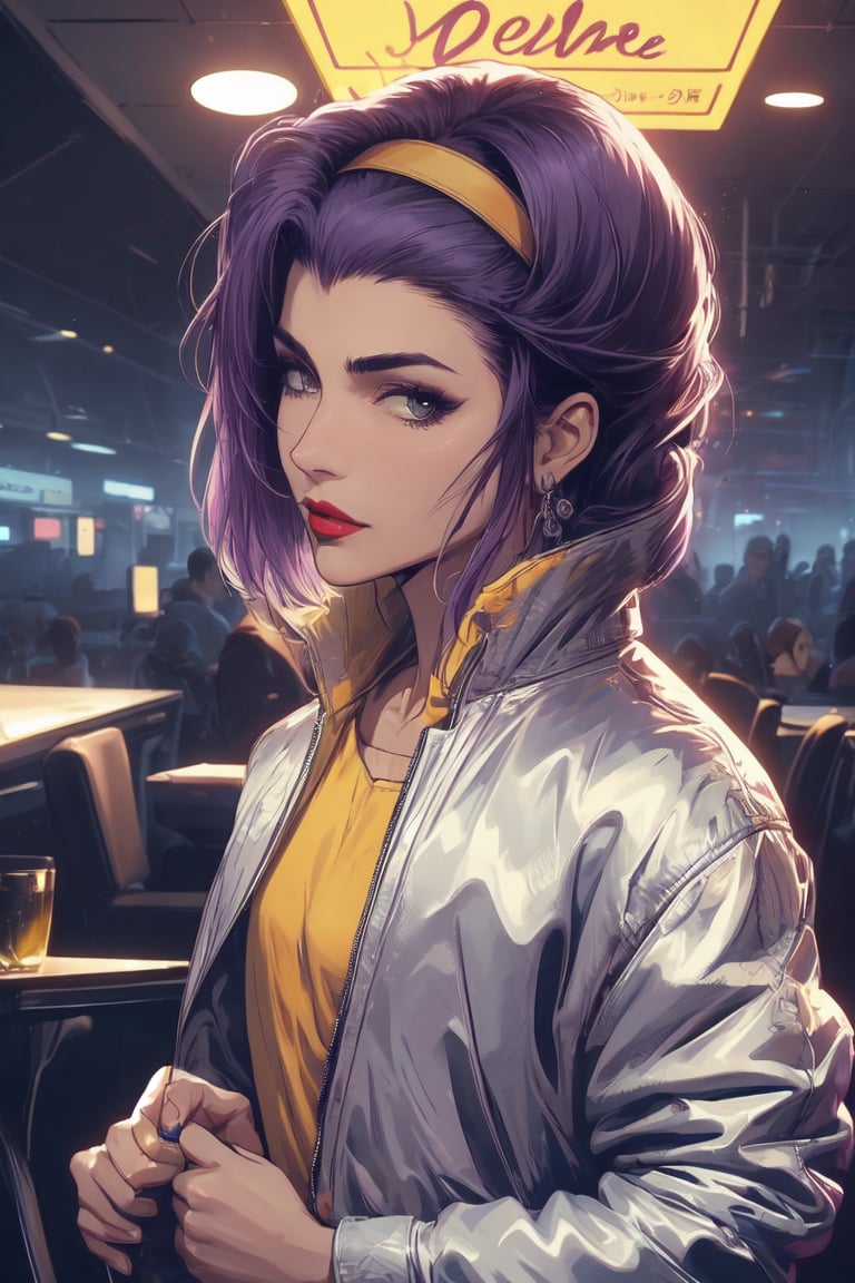 ,fayevalentine, purple hair, ,yellow hairband, looking at viewer, ,Silver jacket 