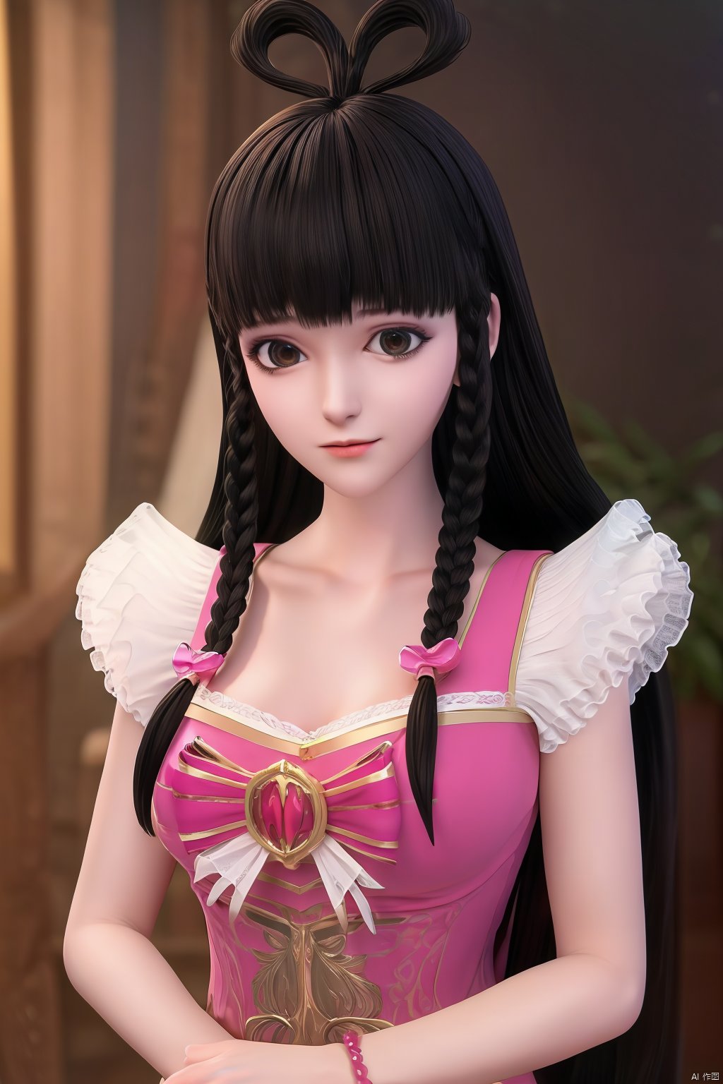  masterpiece, best quality, masterpiece,best quality,official art,extremely detailed CG unity 8k wallpaper,,1girl,hair ornament,hairclip,dress,braided bangs,long hair,Bracelet,bow,jewelry,undercut,