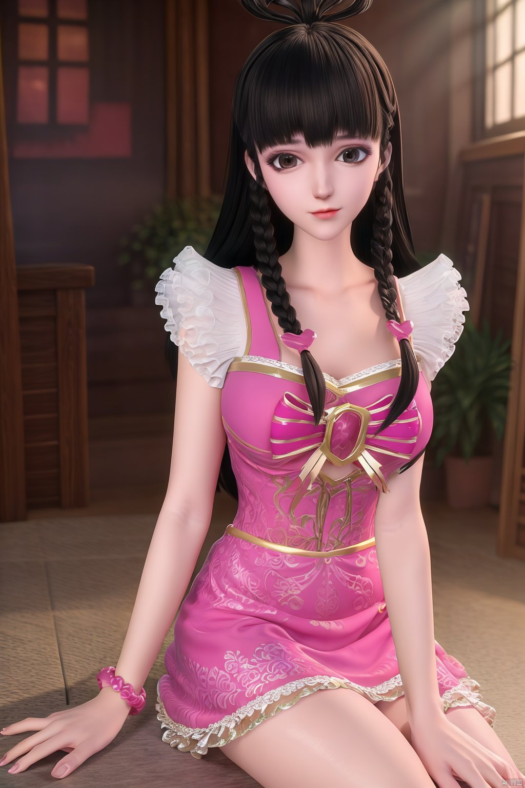  masterpiece, best quality, masterpiece,best quality,official art,extremely detailed CG unity 8k wallpaper,1girl,hair ornament,hairclip,dress,braided bangs,long hair,Bracelet,bow,jewelry,undercut,sitting,