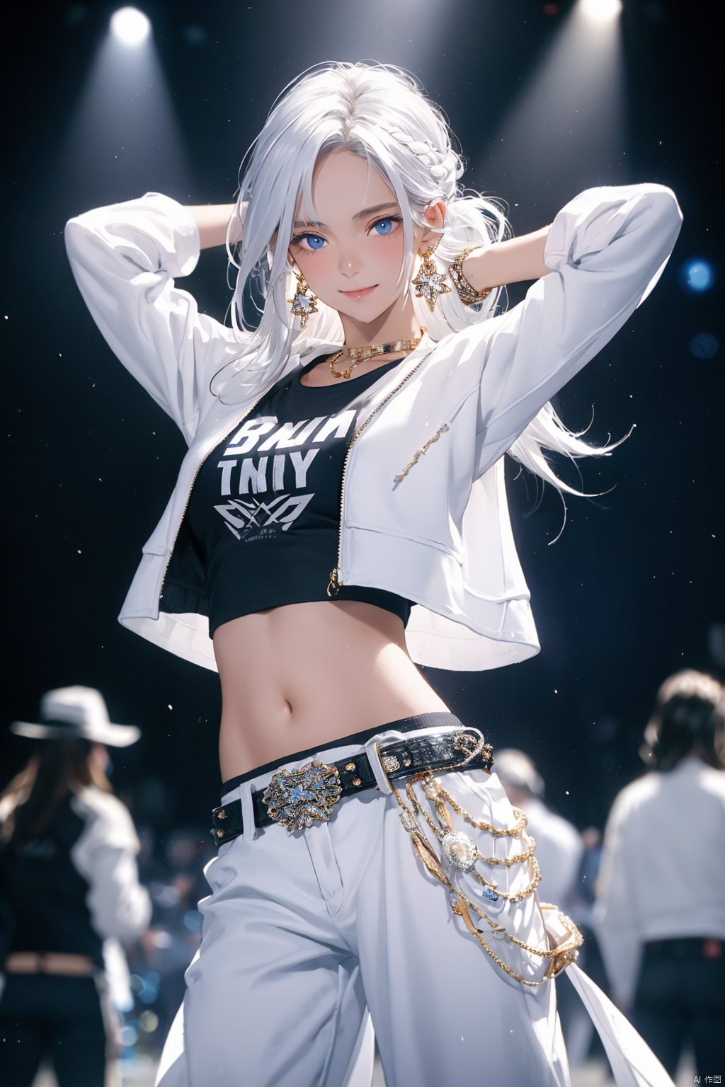  navel, jewelry, long hair, pants, looking at viewer, earrings, midriff, smile, 1girl, blurry, white pants, blurry background, arm behind head, blue eyes, crop top, cowboy shot, belt, solo focus, blush, arm up, long sleeves, white hair, shirt, bangs, closed mouth, breasts, depth of field, white jacket, jacket, solo, stomach, standing, white shirt