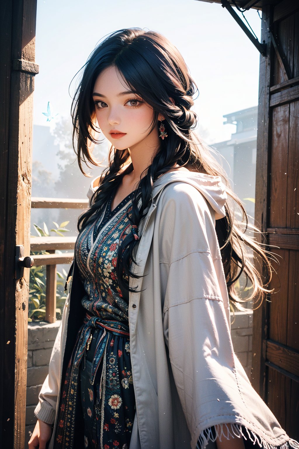  masterpiece, best quality,ultra-detailed,ultra high res, by cgart_firefly, 1girl\(portrait, bohemian style, flowing dresses, layered clothing, earthy colors, fringe accessories, ethnic prints, natural fabrics\), (butterfly),BREAK,artistic designs, cinematic