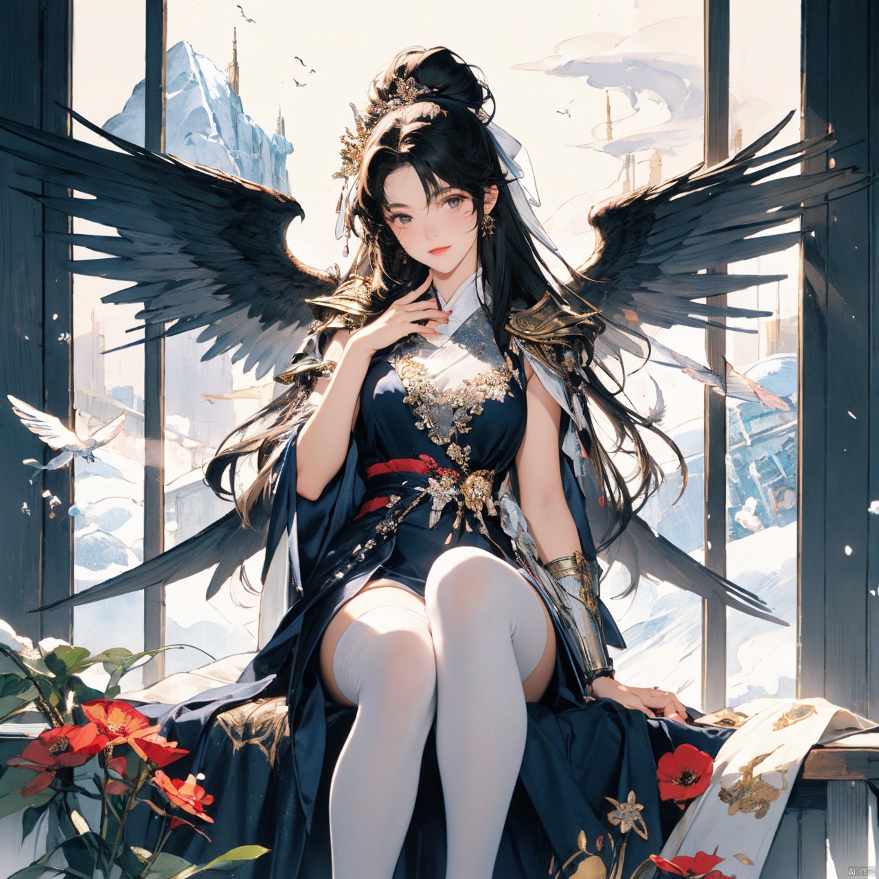  masterpiece,{{{best quality}}},(illustration)),{{{extremely detailed CG unity 8k wallpaper}}},game_cg,(({{1girl}})),{solo}, (beautiful detailed eyes),((shine eyes)),goddess,fluffy hair,messy_hair,ribbons,hair_bow,{flowing hair}, (glossy hair), (Silky hair),((white stockings)),(((gorgeous crystal armor))),cold smile,stare,cape,(((crystal wings))),((grand feathers)),((altocumulus)),(clear_sky),(snow mountain),((flowery flowers)),{(flowery bubbles)},{{cloud map plane}},({(crystal)}),crystal poppies,({lacy}) ({{misty}}),(posing sketch),(Brilliant light),cinematic lighting,((thick_coating)),(glass tint),(watercolor),(Ambient light),long_focus,(Colorful blisters),ukiyoe style