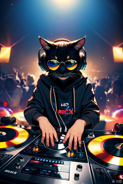  8k uhd rtx on cinematic artistic photoreal masterpiece best quality high resolution, A Cat DJ, wearing sunglasses and headphones, working the turntables as a DJ,