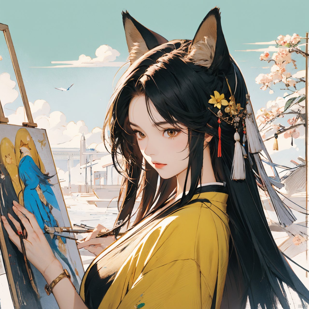  fox_tail,black-hair,5_figners,yellow_eyes,fox_girl,fox_ears,Ahri,midjourney,upper_body,1 girl,More Detail,perfect light,CJ painting