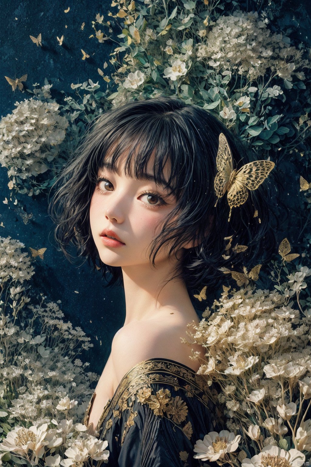  abstract art, (style of Yuko Shimizu:1.3), (black theme:1.1), gold theme, golden butterflies, dark stars, 1girl, field of white flowers, , facing viewer
