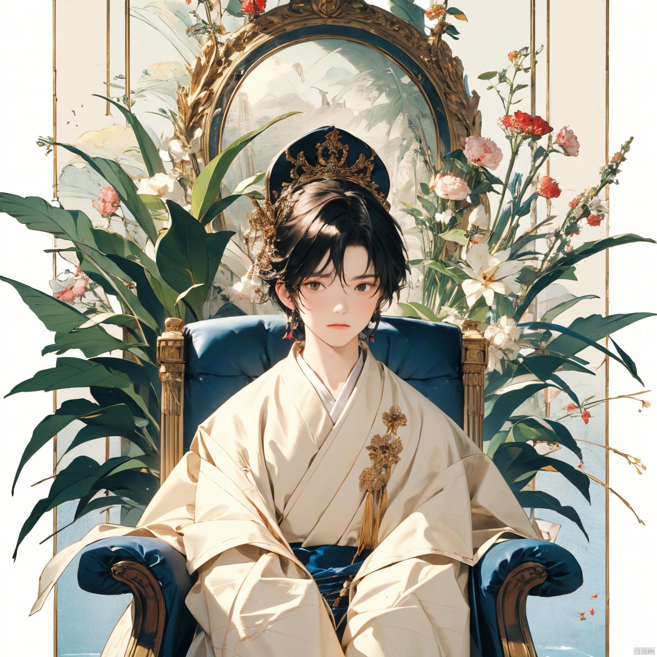  (close view, masterpiece, best quality, highres), 1boy, neuvillette, upper body, looking at viewer, serious expression, (detailled background, sitting on a throne)