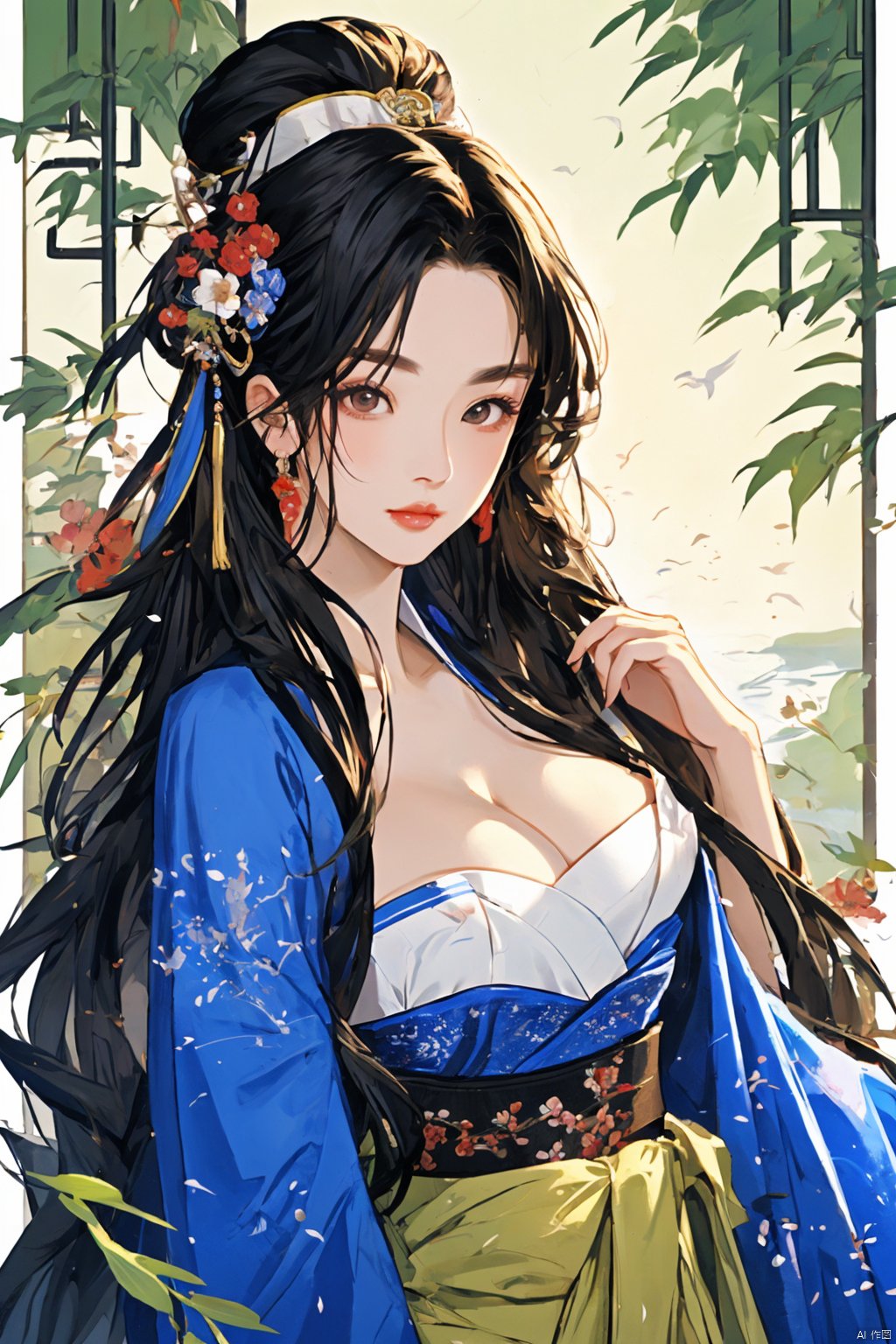  (Masterpiece:1.2, high quality),(pixiv:1.4),Eyebrows like willow leaves,The face is as beautiful as a flower,the eyes are tender. Small waist,big breasts,revealing cleavage; Lips slightly open,seductive expression.,girl,, mwuxia, mxianv