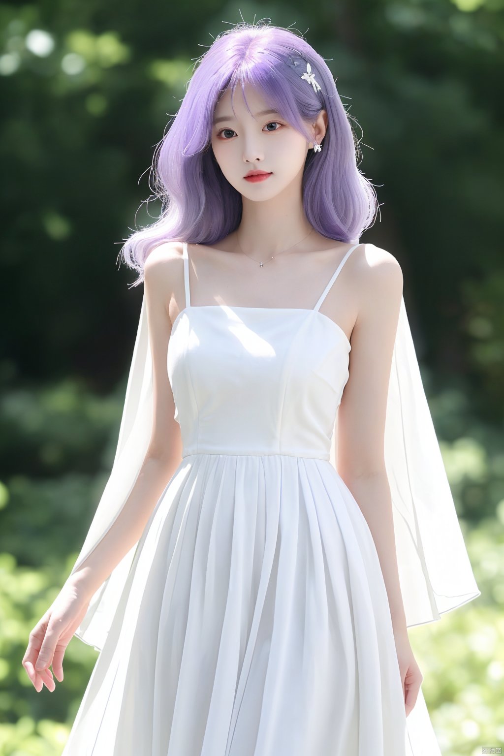  A fairy in a white dress and white hair with a purple hairpin