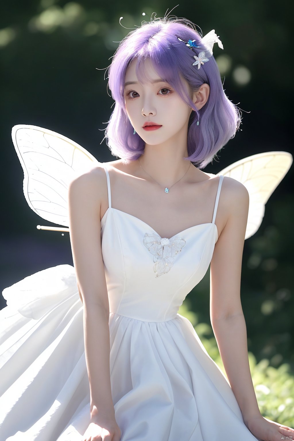  A fairy in a white dress and white hair with a purple hairpin