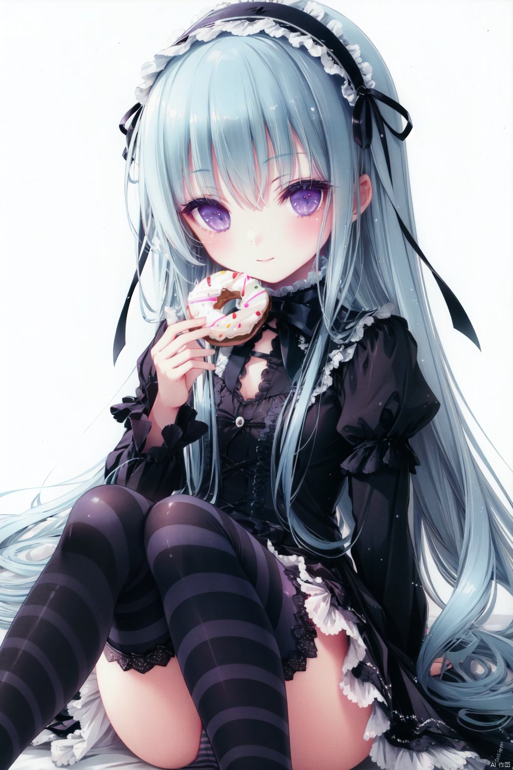 1girl, thighhighs, food, striped thighhighs, solo, striped, lolita hairband, lolita fashion, doughnut, long hair, blue hair, open mouth, hairband, panties, sitting, dress, underwear, :d, eating, purple eyes, smile, gothic lolita, blush