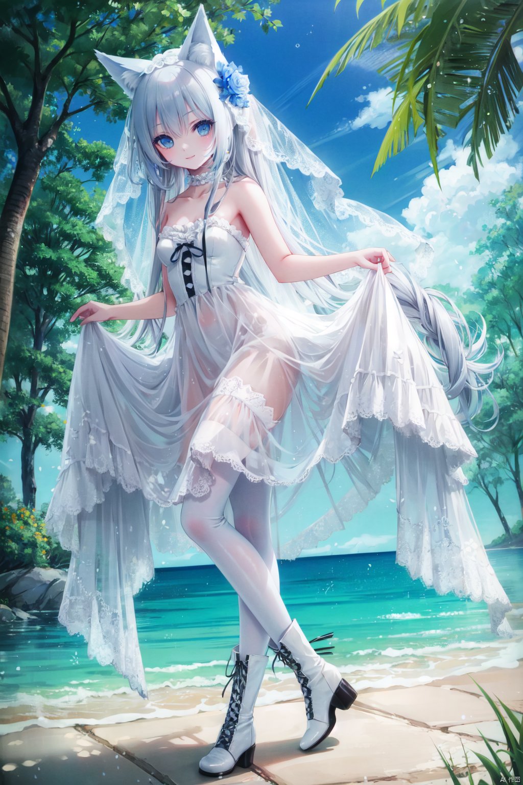 1girl, solo, animal ears, long hair, dress, blue eyes, very long hair, white footwear, white dress, veil, white pantyhose, pantyhose, skirt hold, bangs, cross-laced footwear, bare shoulders, animal, standing, hair between eyes, smile, looking at viewer, fox ears, boots, high heels, :d, tree, open mouth, bow, collarbone, lace-up boots, standing on one leg, strapless, animal ear fluff, wedding dress, fox girl, water, rose, strapless dress, full body, see-through, bridal veil, flower