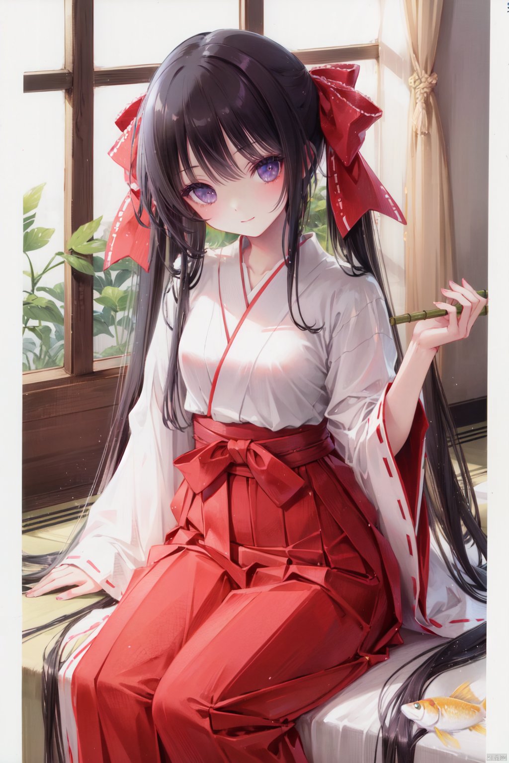 1girl, solo, japanese clothes, long hair, black hair, miko, skirt, fish, ribbon, looking at viewer, red hakama, hakama, hakama skirt, very long hair, hair ribbon, bangs, bow, window, sitting, kimono, curtains, hair bow, bamboo