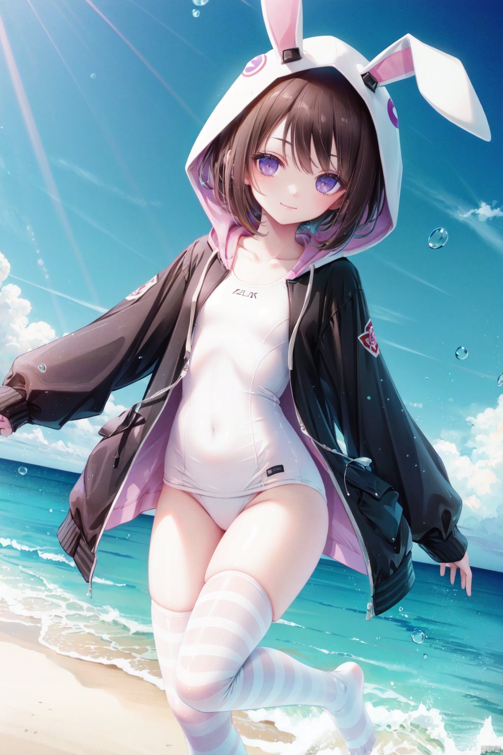 1girl, swimsuit, white one-piece swimsuit, solo, one-piece swimsuit, thighhighs, striped thighhighs, school swimsuit, striped, smile, open mouth, hood, bubble, looking at viewer, purple eyes, :d, animal hood, collarbone, short hair, bangs, rabbit hood, open clothes, air bubble, full body, hooded jacket, jacket, blush, sleeves past wrists, no shoes, long sleeves, brown hair, old school swimsuit, open jacket, water drop