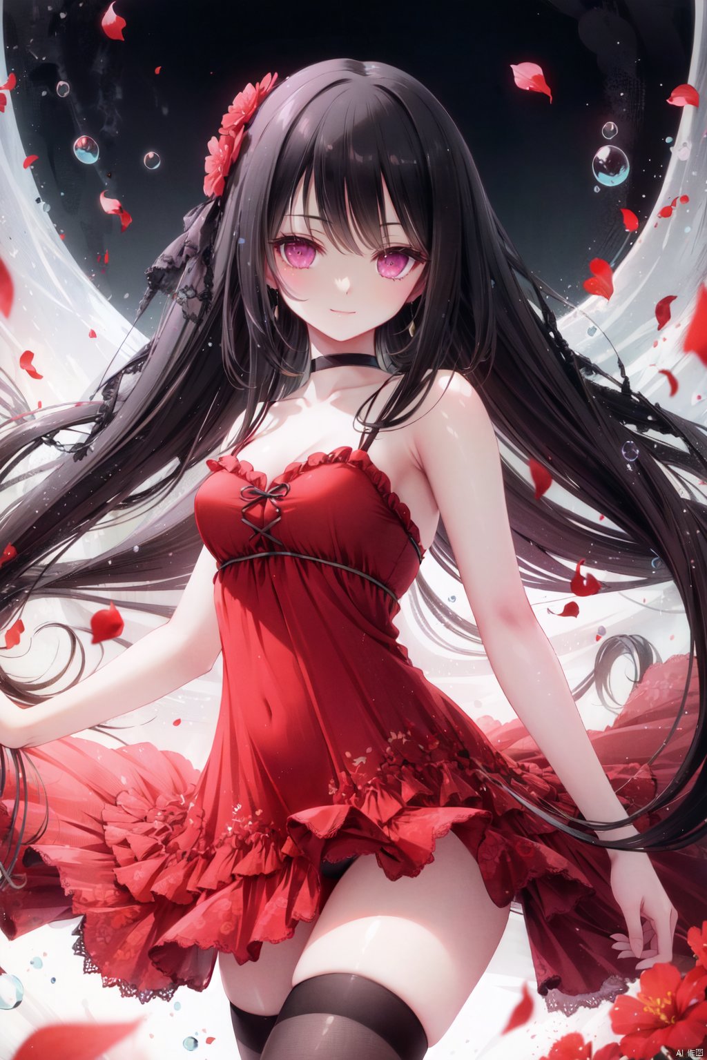 1girl, solo, long hair, dress, red theme, flower, red eyes, black hair, looking at viewer, very long hair, petals, bubble, bare shoulders, choker, thighhighs, red dress, breasts