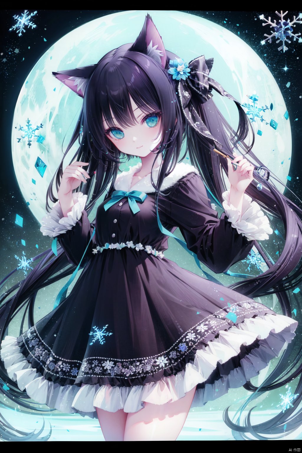 1girl, solo, long hair, animal ears, green eyes, letterboxed, cat ears, dress, flower, hair ornament, snowflakes, looking at viewer, very long hair, black hair, purple hair, hair flower