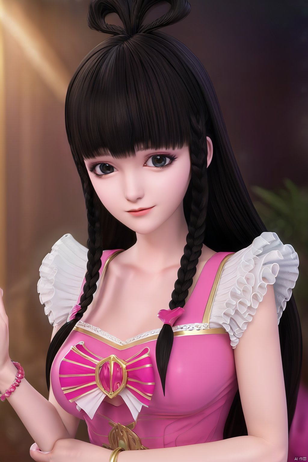  masterpiece, best quality, masterpiece,best quality,official art,extremely detailed CG unity 8k wallpaper,1girl,hair ornament,hairclip,dress,braided bangs,long hair,Bracelet,bow,jewelry,portrait