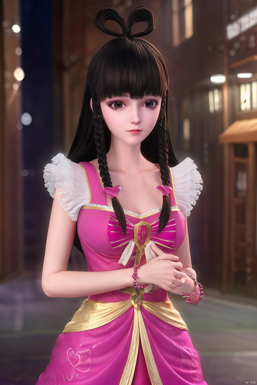  masterpiece, best quality, masterpiece,best quality,official art,extremely detailed CG unity 8k wallpaper,1girl,hair ornament,hairclip,dress,braided bangs,long hair,Bracelet,bow,jewelry,