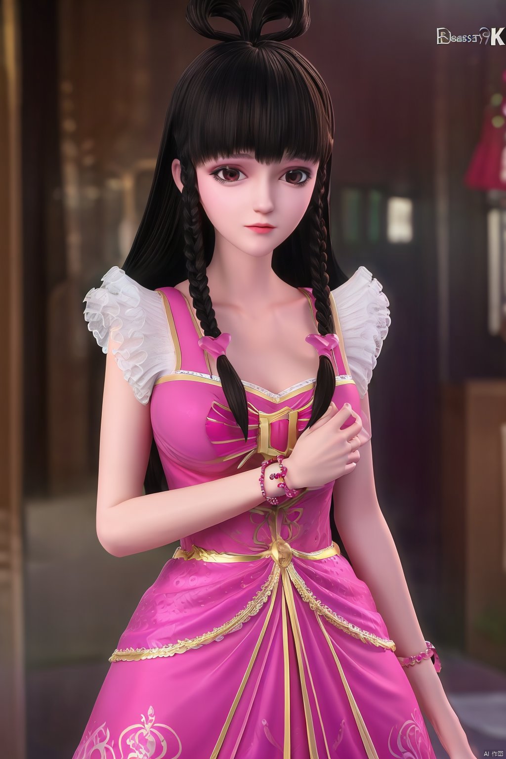  masterpiece, best quality, masterpiece,best quality,official art,extremely detailed CG unity 8k wallpaper,1girl,hair ornament,hairclip,dress,braided bangs,long hair,Bracelet,bow,jewelry,undercut,