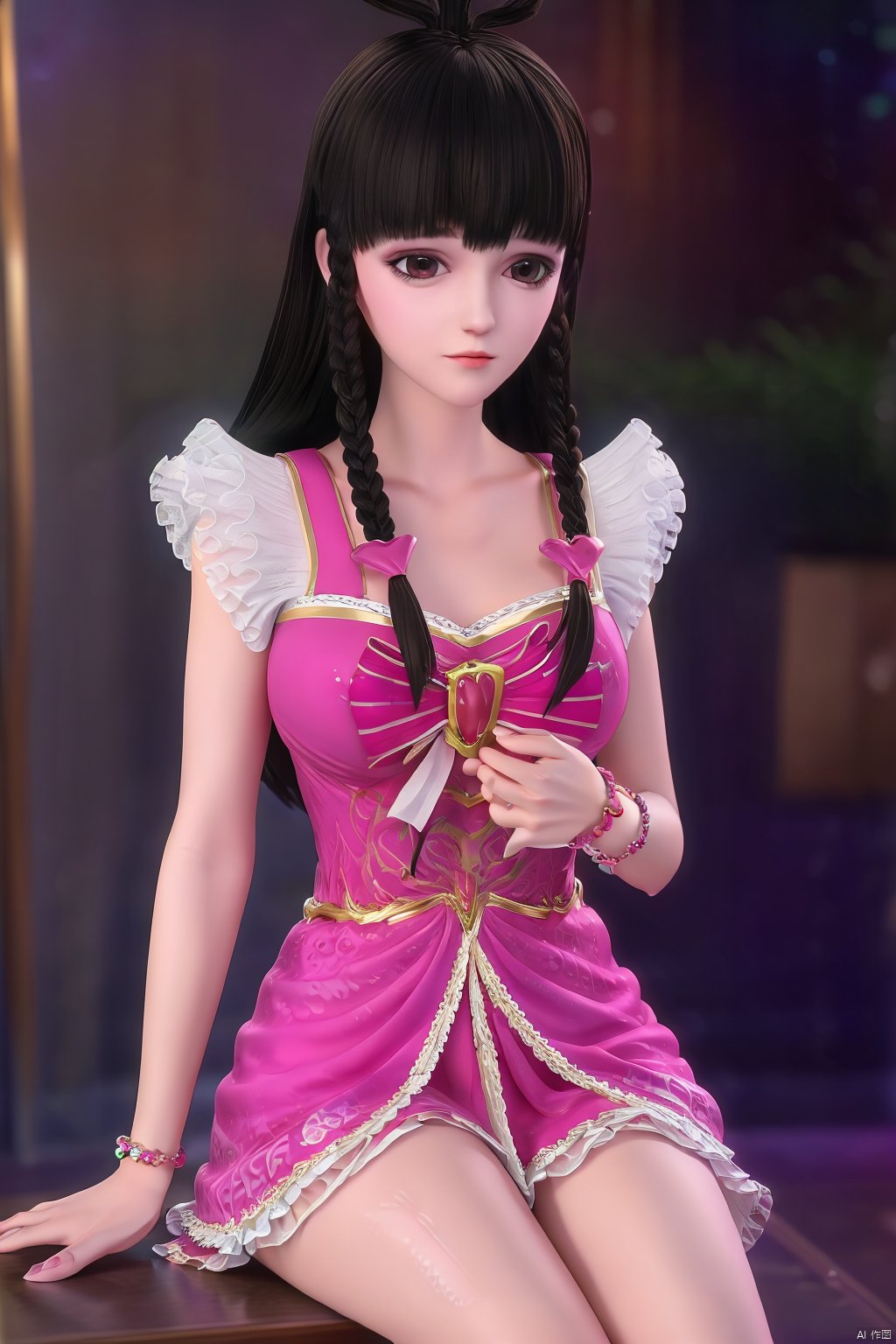  masterpiece, best quality, masterpiece,best quality,official art,extremely detailed CG unity 8k wallpaper,1girl,hair ornament,hairclip,dress,braided bangs,long hair,Bracelet,bow,jewelry,undercut,sitting,