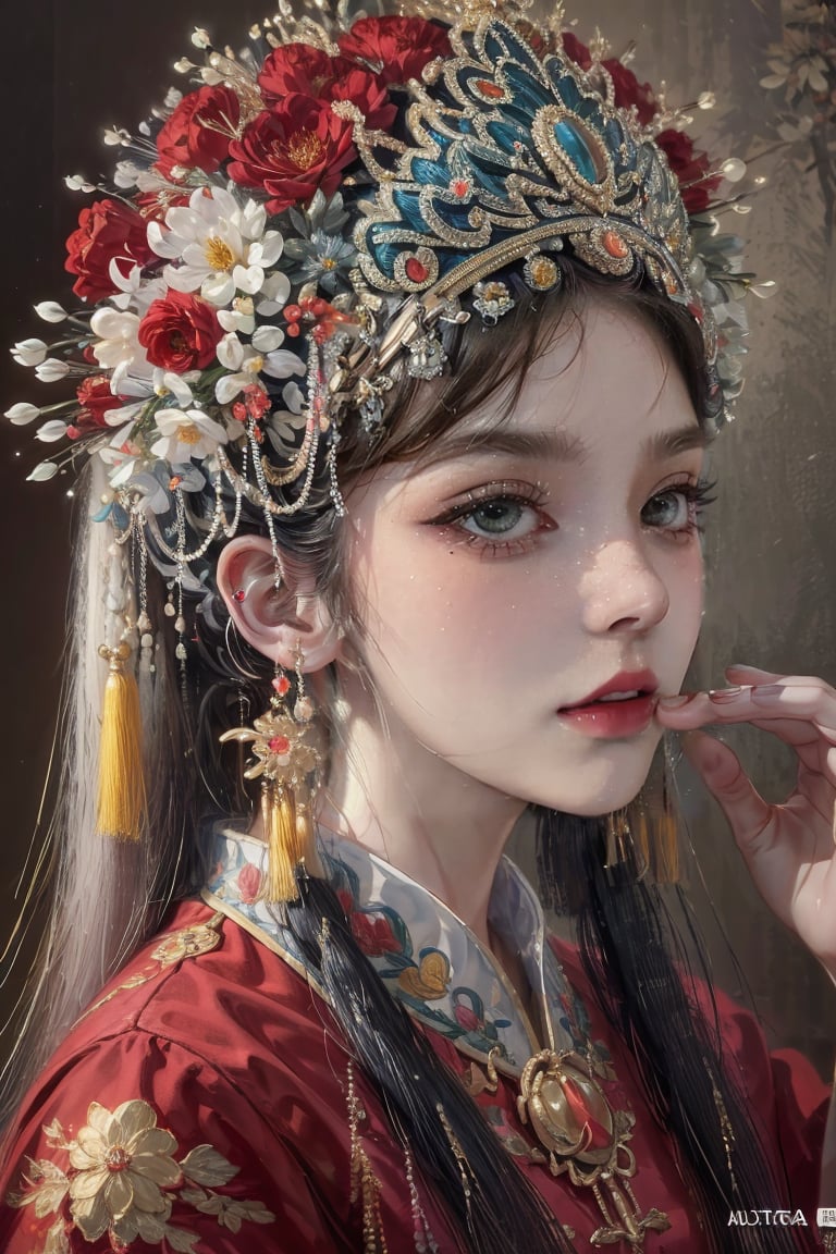 female, ((masterpiece, best quality, ultra detailed, absurdres):1.5), 1girl, solo,long hair,black hair,hair ornament,brown eyes,flower,parted lips,hand up,hair flower,chinese clothes,portrait,red nails,red lips,,AcientChinese