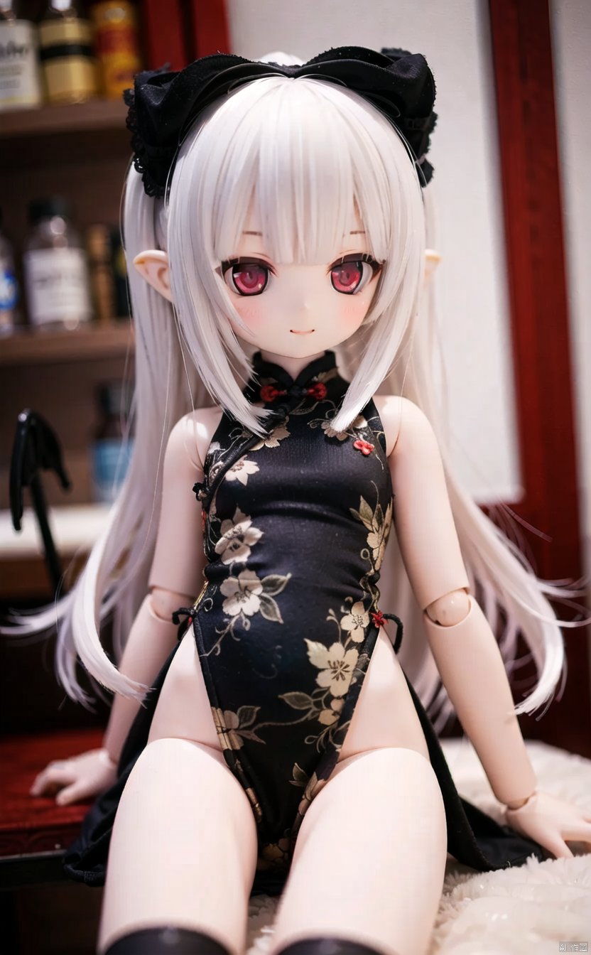 ff40745b5cMI,1girl,doll_joints,joints,tail,long_hair,red_eyes,thighhighs,white_hair,smile,chinese_clothes,demon_tail,dress,