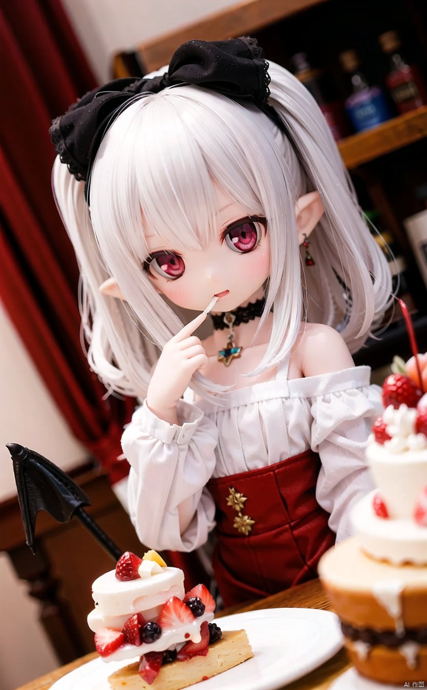 ff40745b5cMI, 1girl, red_eyes, long_hair, pointy_ears, white_hair, food, solo, tail, bow, demon_tail, sitting, table, hair_bow, earrings, jewelry, eating, fork, cup, spoon, cake