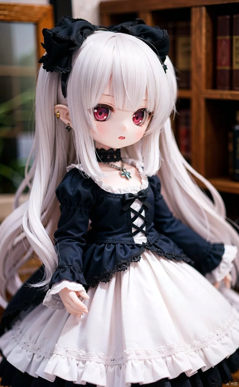 ff40745b5cMI, 1girl, solo, lolita_fashion, white_hair, red_eyes, long_hair, dress, gothic_lolita, gothic, jewelry, long_sleeves, cross